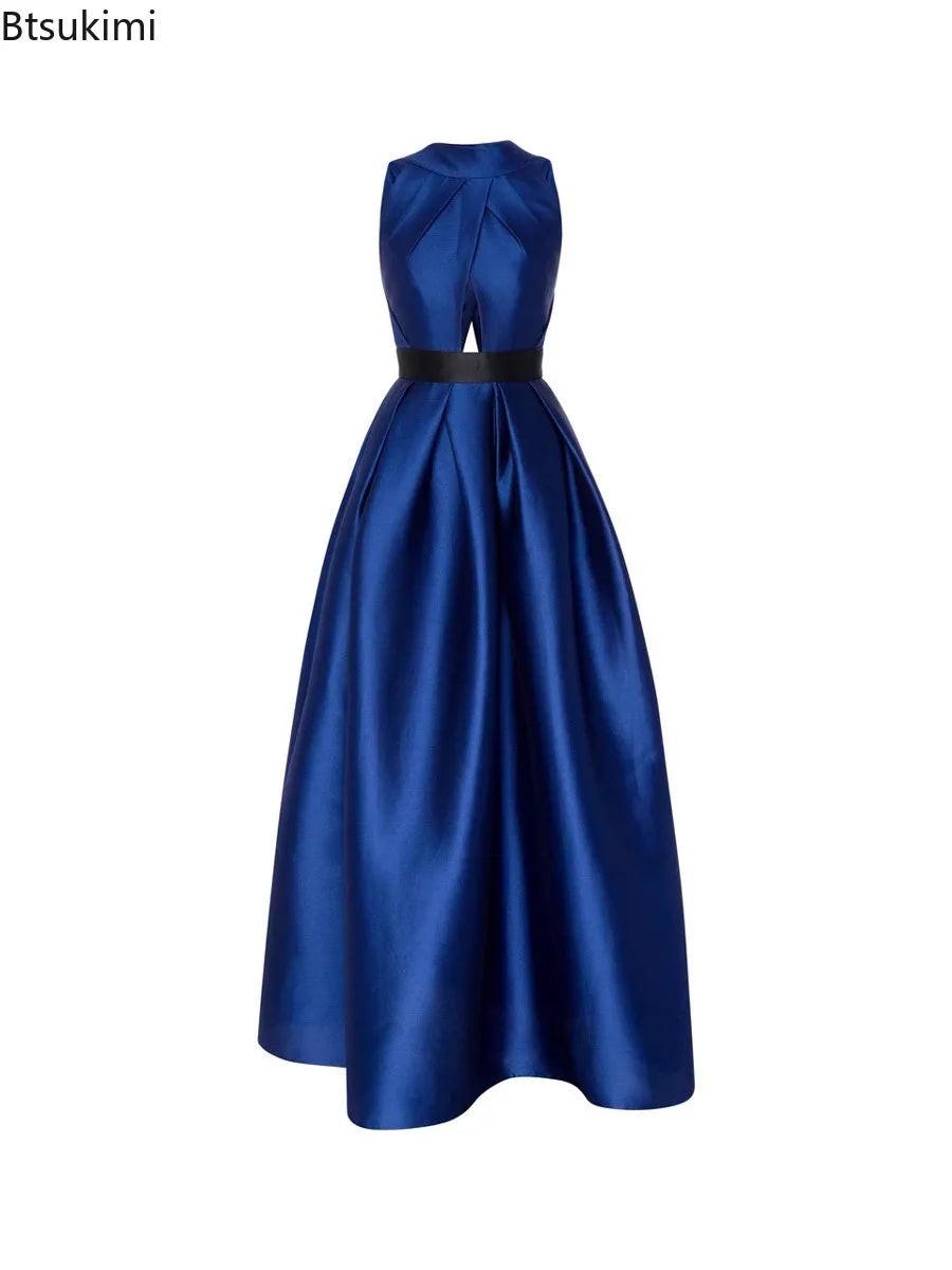 2026 Elegant Halter Satin Party Dresses for Women Spring Sexy Draped Solid Slim Long Dress Woman Hollow Out Pocket Evening Dress