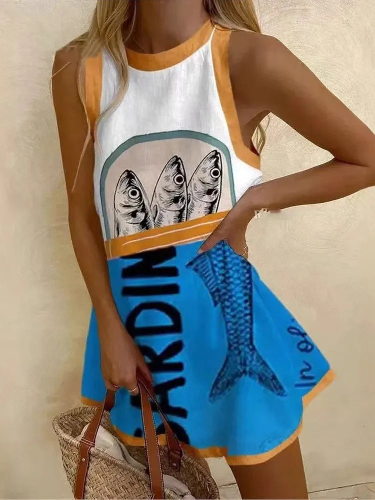 Fashionable Printed Shirt Skirt Sexy Sleeveless Spring Summer New Item Round Neck Women's Sports Shirt Casual Loose Dress