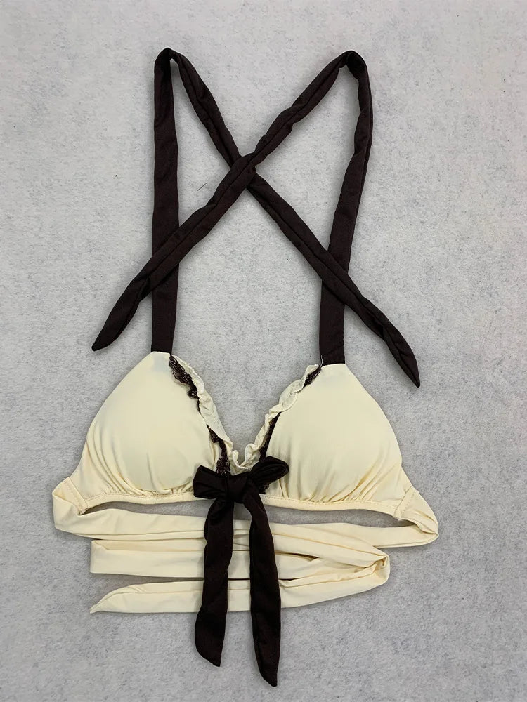 Summer Beige Lace Trim Bow Halter Skirted Bikini Set Beach Pool Vacation Cute Sweet Slim Y2K New Trendy Women's Swimsuit
