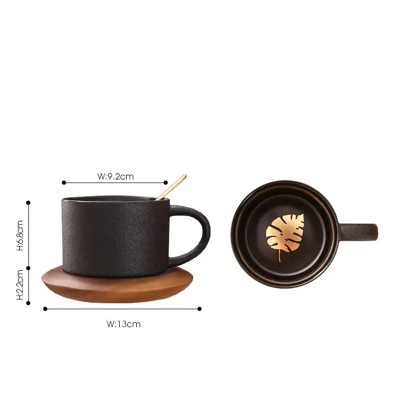 Nordic Black Ceramic Coffee Tea Cup creative coffee shop cups Frosted Porcelain Matte Mug Wood Saucer with Gold Steel Spoon mugs
