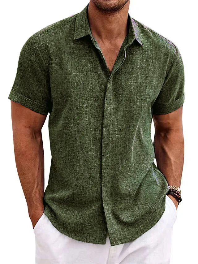 Men's Casual Beach Lightweight Linen Sve Shirt Color Standard Fit Short Sleeve Cleanfit PU Leather Inner Wear Pure Color