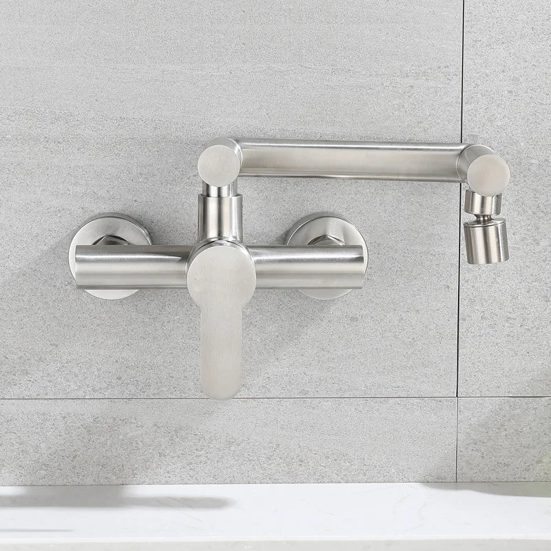 Stainless Steel Foldable Basin Faucet Wall Mounted Bathroom Kitchen Sink Washbasins Cold Hot Water Mixer Tap 360 Degree Swivel