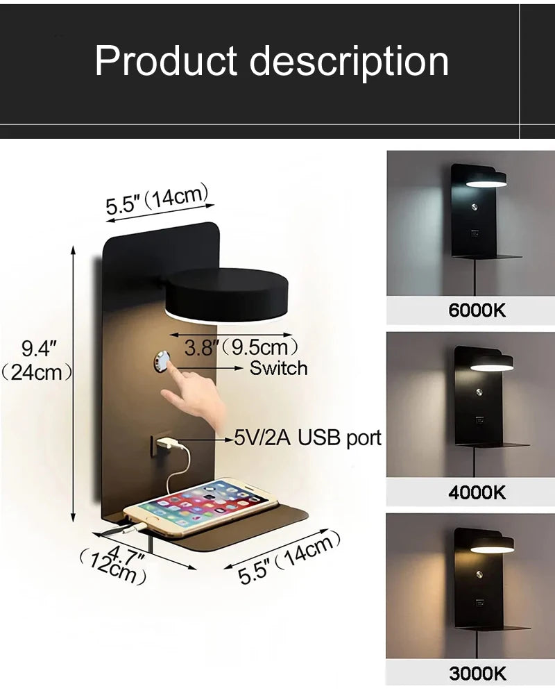Modern LED Wall Lamp With Switch USB Charging Port 9W Black White Aisle Wall Lights Bedroom Bedside Wall Sconce Decoration Lamps