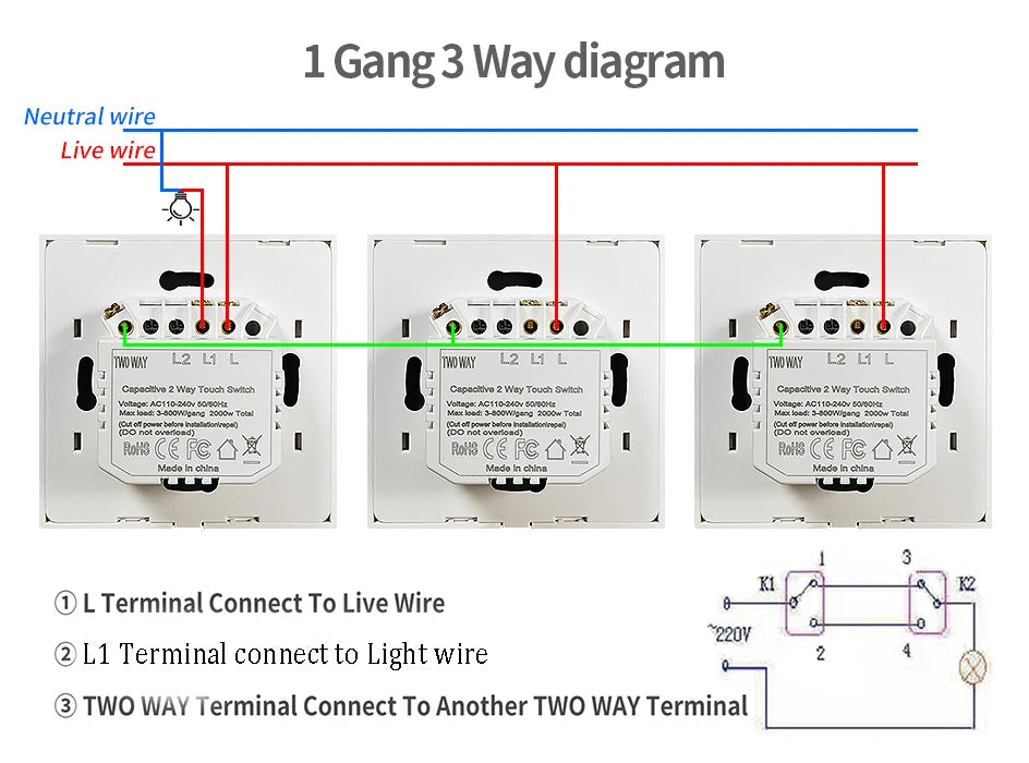 1gang 2way 3way Touch Switch Wall Light Switches No Neutral Wire With Tempered Glass 240V No Wifi No RF433