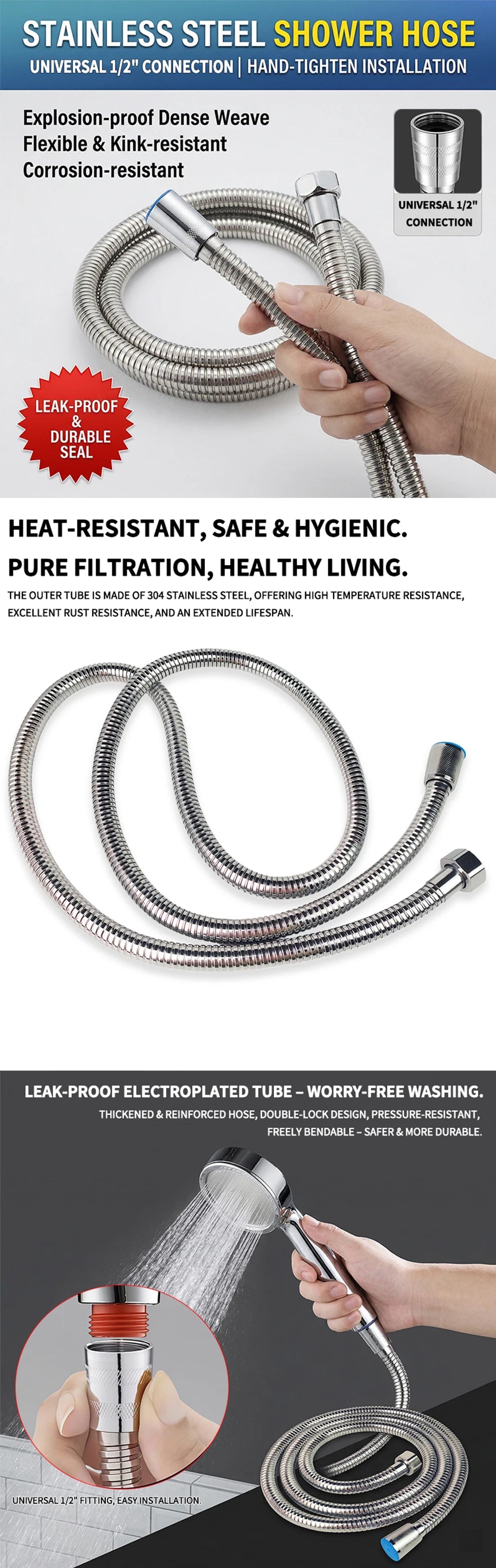 Stainless Steel Shower Hose 1.5M/2M Flexible Chrome Matte Black Universal G1/2 Connector Explosion-proof Bathroom Water Pipe
