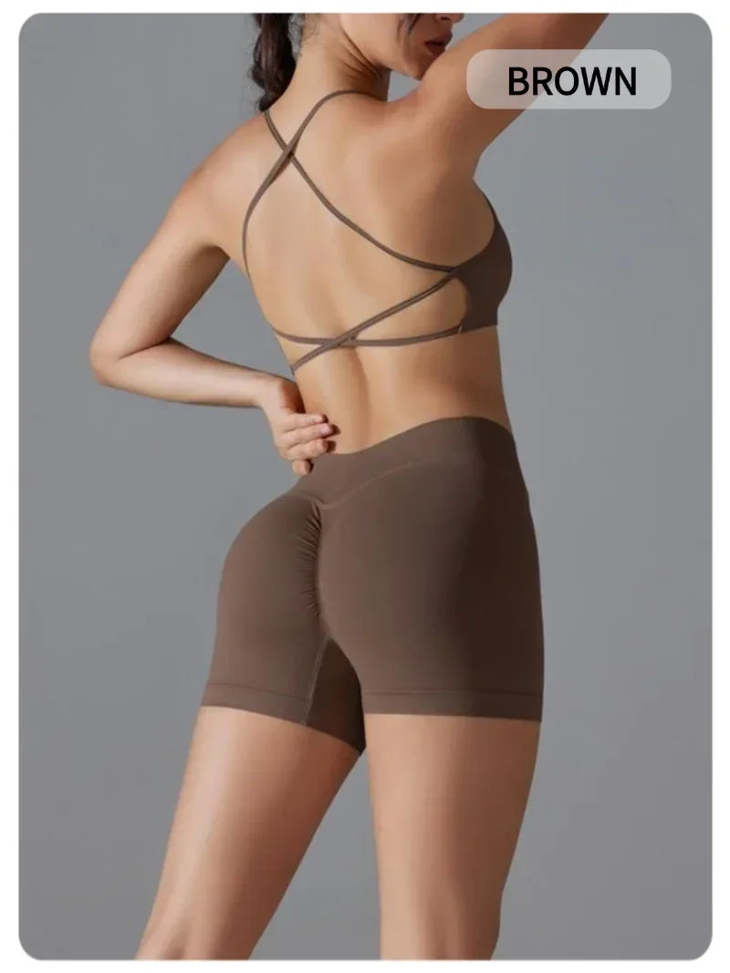 Women's Seamless Solid Color Cross Back High Elasticity Tight and Sexy Sports Bra Yoga Suit Set, Running and Fitness Two Pieces