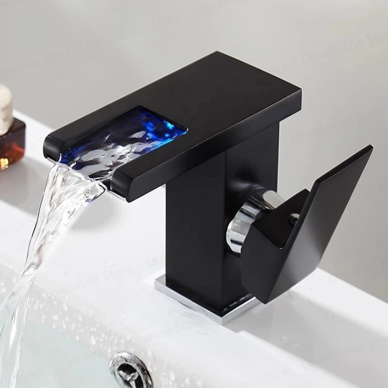 Black Bathroom Sink Faucet Single Hole Cold and Hot Water Mixing Valve Faucet 3 Colors Changing Color Changing Waterfall Faucet