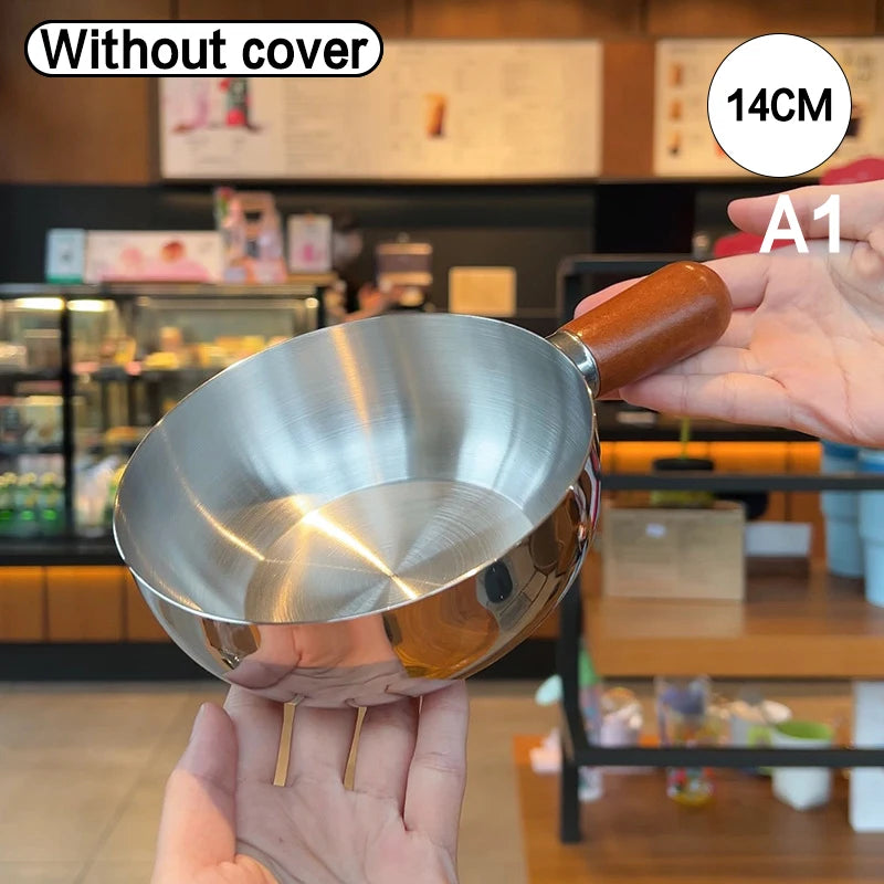 1Pc Stainless Steel Cooking Pot With Wooden Handle Compact Small Noodle Pot For Baby Food Milk Snacks Kitchen Gadgets