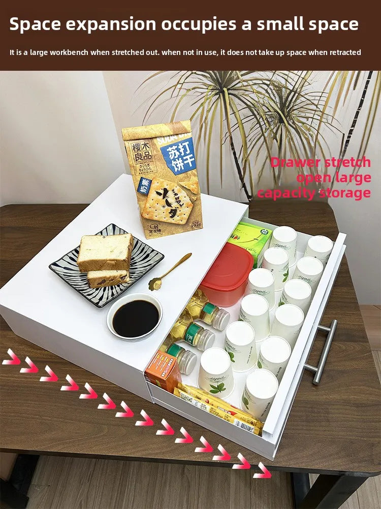 Pull-Out Kitchen Organizer Drawer Microwave Shelf with Extendable Board Countertop Oven Storage Rack Space-Saving Prep Station