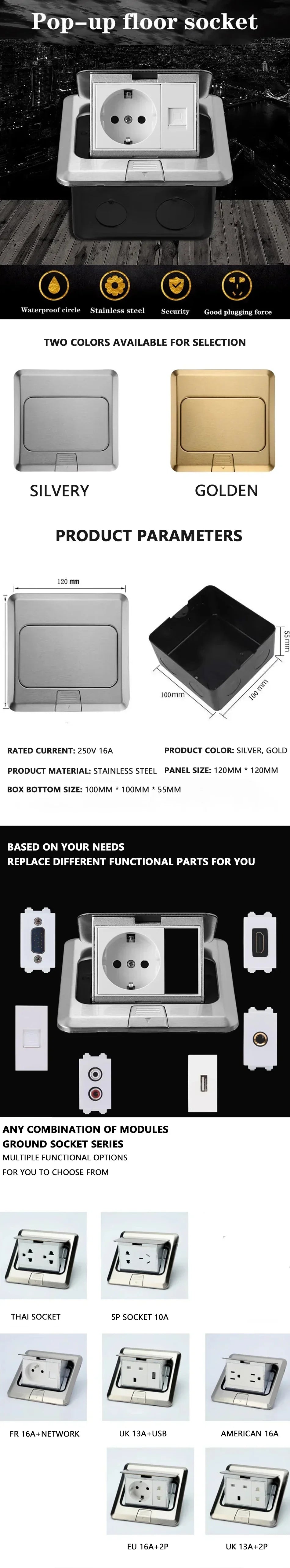 Electrical Switches Desktop Socket EU/Universal Power Outlet Hidden Type Pop Up Floor Socket For Meeting Room