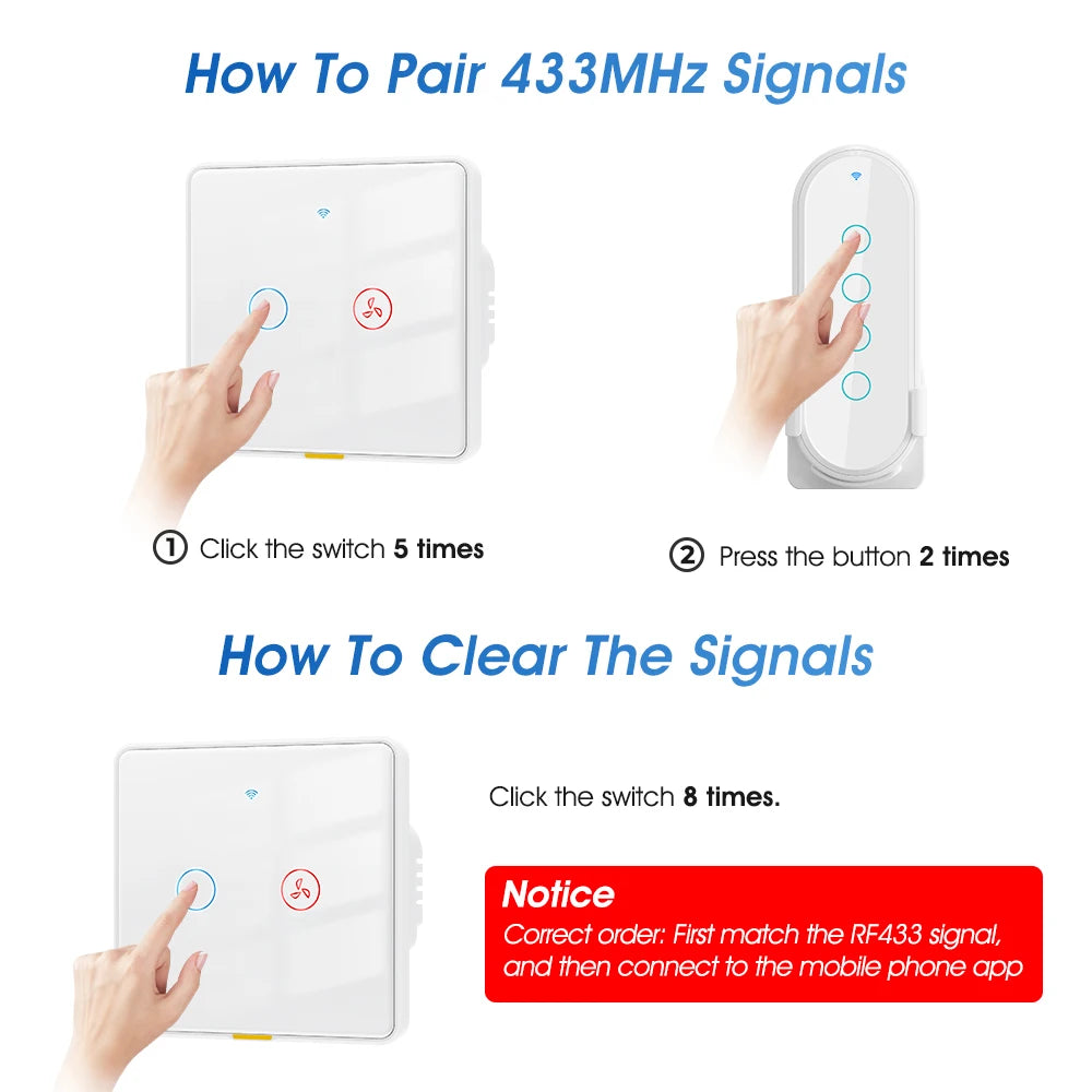 No Neutral Wire Tuya Smart WiFi RF433 Fan Ceiling Light Switch Timer Wall Glass Touch Switch Backlight Timing Control Voice