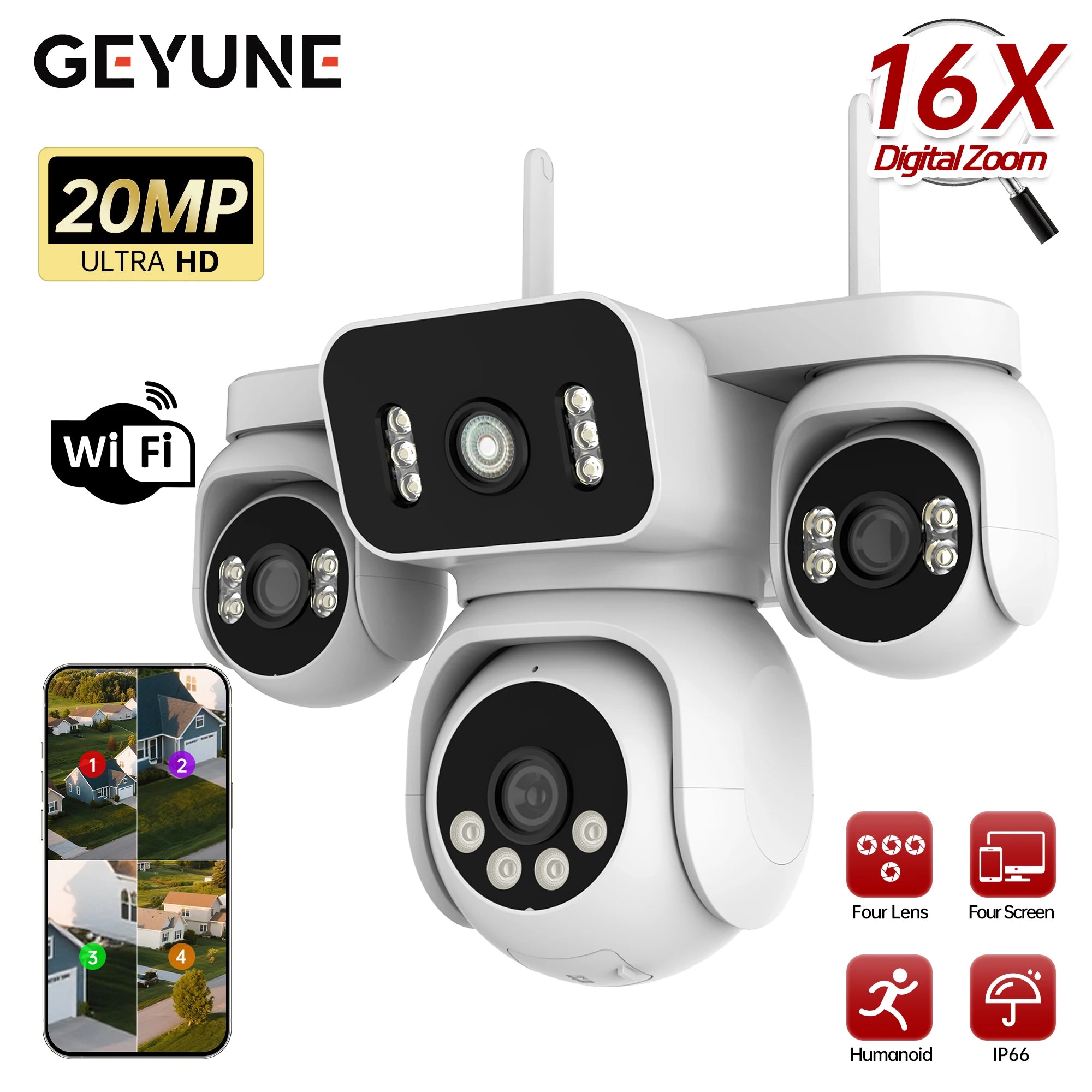 10K 20MP WiFi Security Camera 4 Lens 4 Screen 360°  PTZ 16X Zoom Waterproof Home Surveillance CCTV Outdoor Street Video Camera