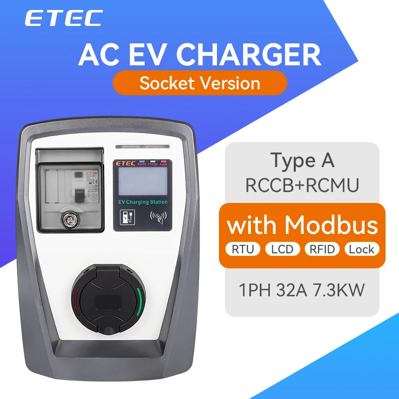 ETEC with socket Electric vehicle Type 2 plug 22kW 32A three-phase Modbus home electric vehicle charging pile EKEC1.