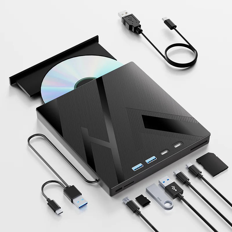 7-in-1 Portable CD/DVD Drive External Optical Drive for Laptop PC CD/DVD RW Player Burner with USB3.0 Type-C SD TF Card Slots