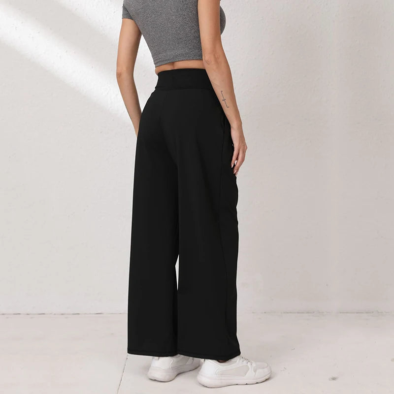 Women's High Waisted Sports Pants with Side Pockets Solid Color Wide Leg Yoga Pants Woman Body Hugging Straight Leg Trousers