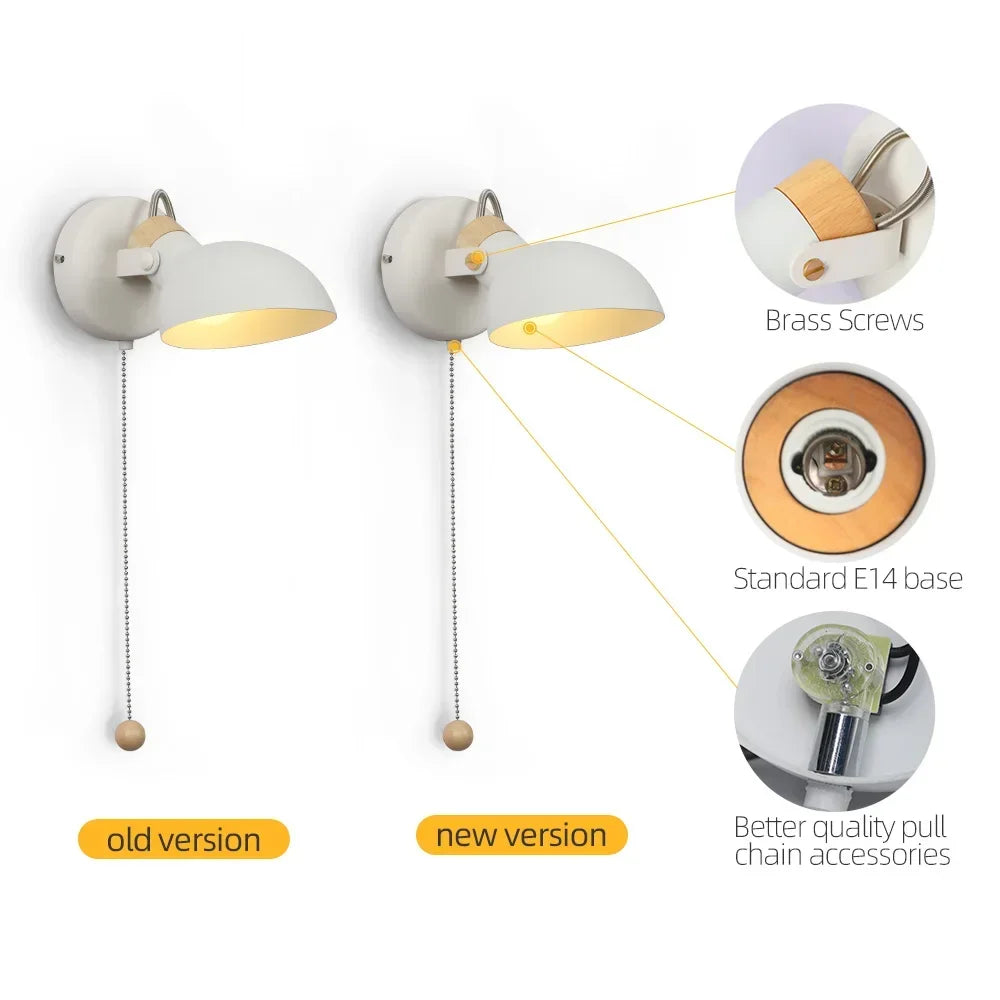 LED Wall Light Replaceable E14 Bulb With Pull Chain Switch Matte Metal Directional Wall Lamp For Bedside Living Room Hotel