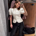 Lace Cutout Peplum Jacket Stand Collar Puff Sleeve Button Front Waist Cinched 2026 Summer Autumn Fashion Women Elegant Top