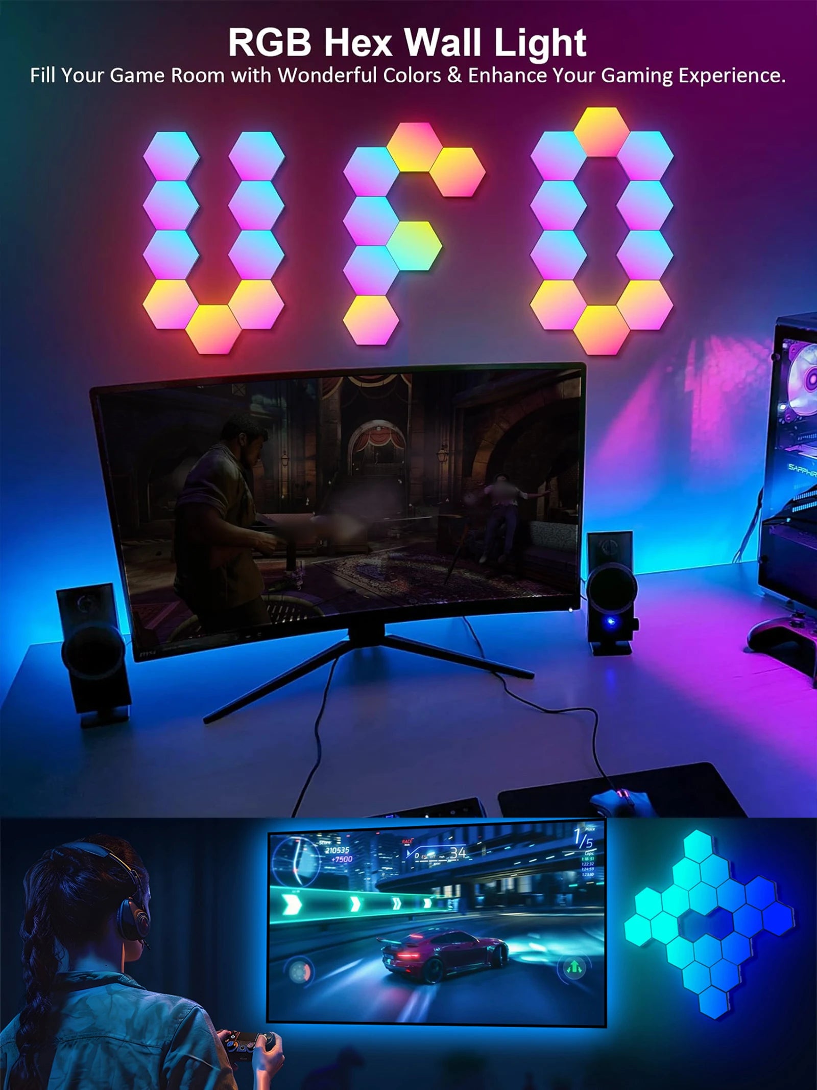 Smart LED Hexagonal Wall Lamp Quantum Panel Music Sync APP Control for Game Room Bedroom Living Room Decor Birthday Christm Gift