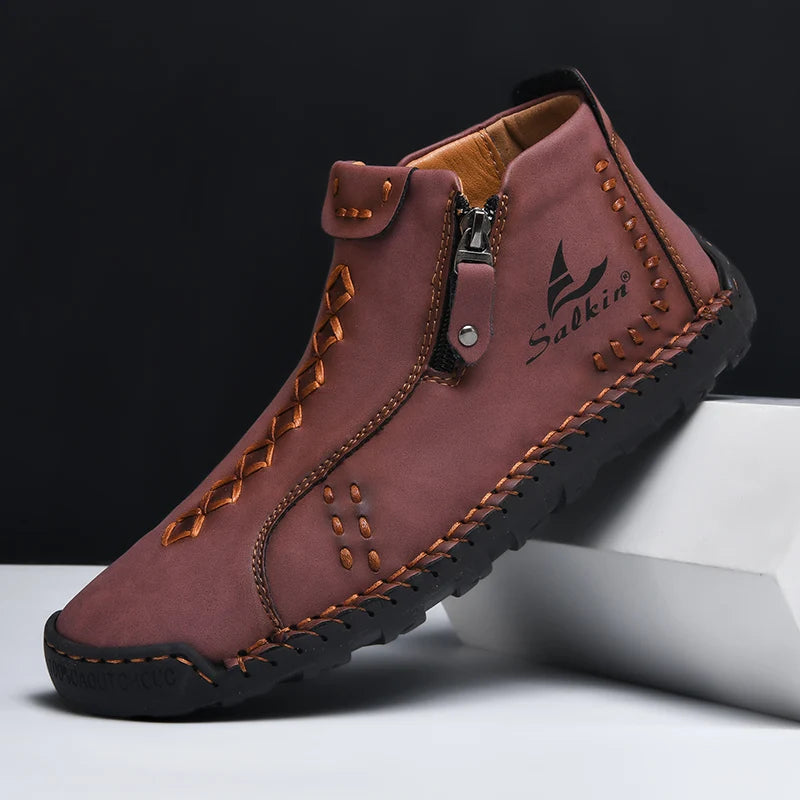 Handmade Leather Casual Shoes For Men Sneakers Men Flat Footwear Zipper Leather Boots Men Ankle Plus Size 39-48