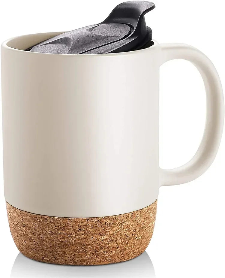 Simplicity Ceramic Cork Bottom Coffee Mug with Lid Splash Proof Heat-resistant Matte Plain White Black Cork Base Bottom Tea Cup