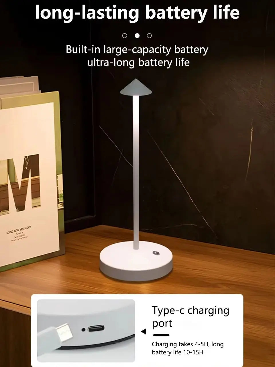 Modern Led Desk Lamp, Wireless, Adjustable Lighting, Dimmable, Touch Control, Rechargeable Lithium Battery, 800Mah, USB Powered, Button Control, Matte Plastic Metal Surface, Pointed Top, Solid Color, Dreamy Theme, Cute, Light