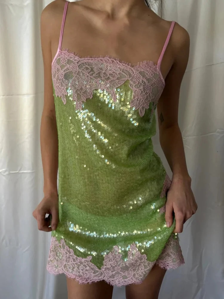 Women Chic Sequin Spaghetti Strap Mini Dress Lightweight Sexy Lace Trim Slimming Sleep Dresses 2026 Summer Beach Vacation Wear