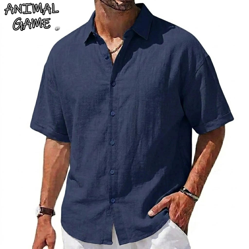 Korean Men's Short Sleeve Shirts Casual Cotton Linen T Shirts Man Lapel Shirts Male Breathable Hawaiian Shirt Man Summer T-shirt