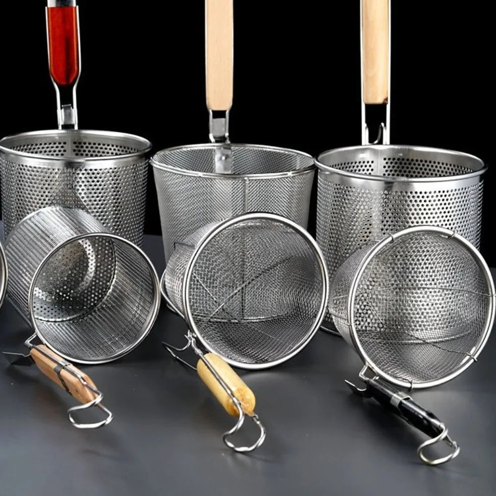 Durable Thickened Stainless Steel Funnel Wooden Handle Multifunctional Pasta Basket Strainer Kitchen Gadgets Deep Fry Basket