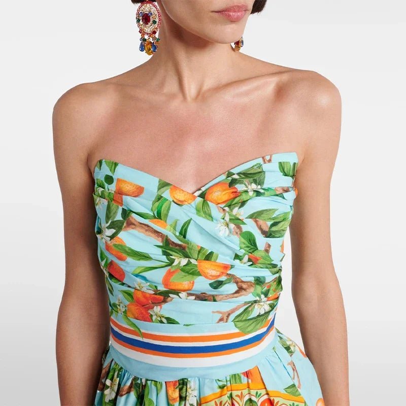 Sexy Strapless Printed Mini Dress 2025 Summer Fashion Women Sleeveless Backless High Waist Slimming Party Vacation Y2k Vestidos