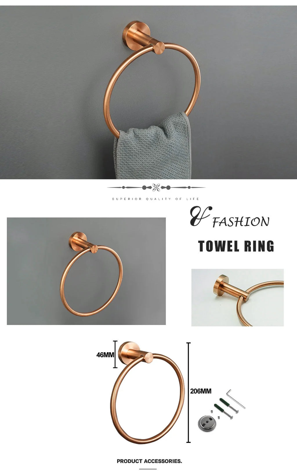High-quality Brushed Rose Gold 304Stainless Steel Beautiful Wall Hook Toilet Paper Holder Towel Bar Bathroom Accessories