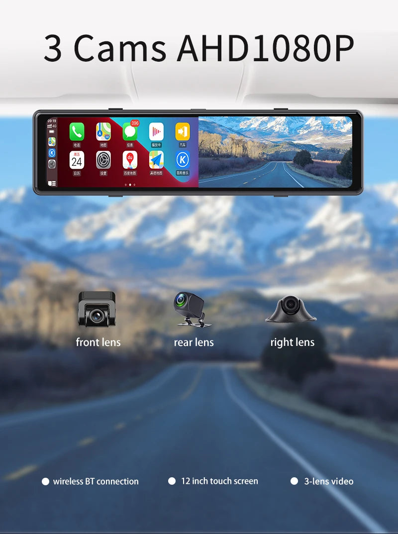 3 Cameras Dash Cam Car Play & Android Auto 2.5k 2560*1440P Rearview Mirror Video Recording WIFI Loop Record Phone APP Car DVR