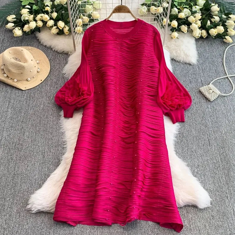 ANLAN Luxury Beading Hollow Out Tassels Pleated Miyake Dresses Women 3D Flower Splice Lantern Sleeve Loose Party Dress 2025 N