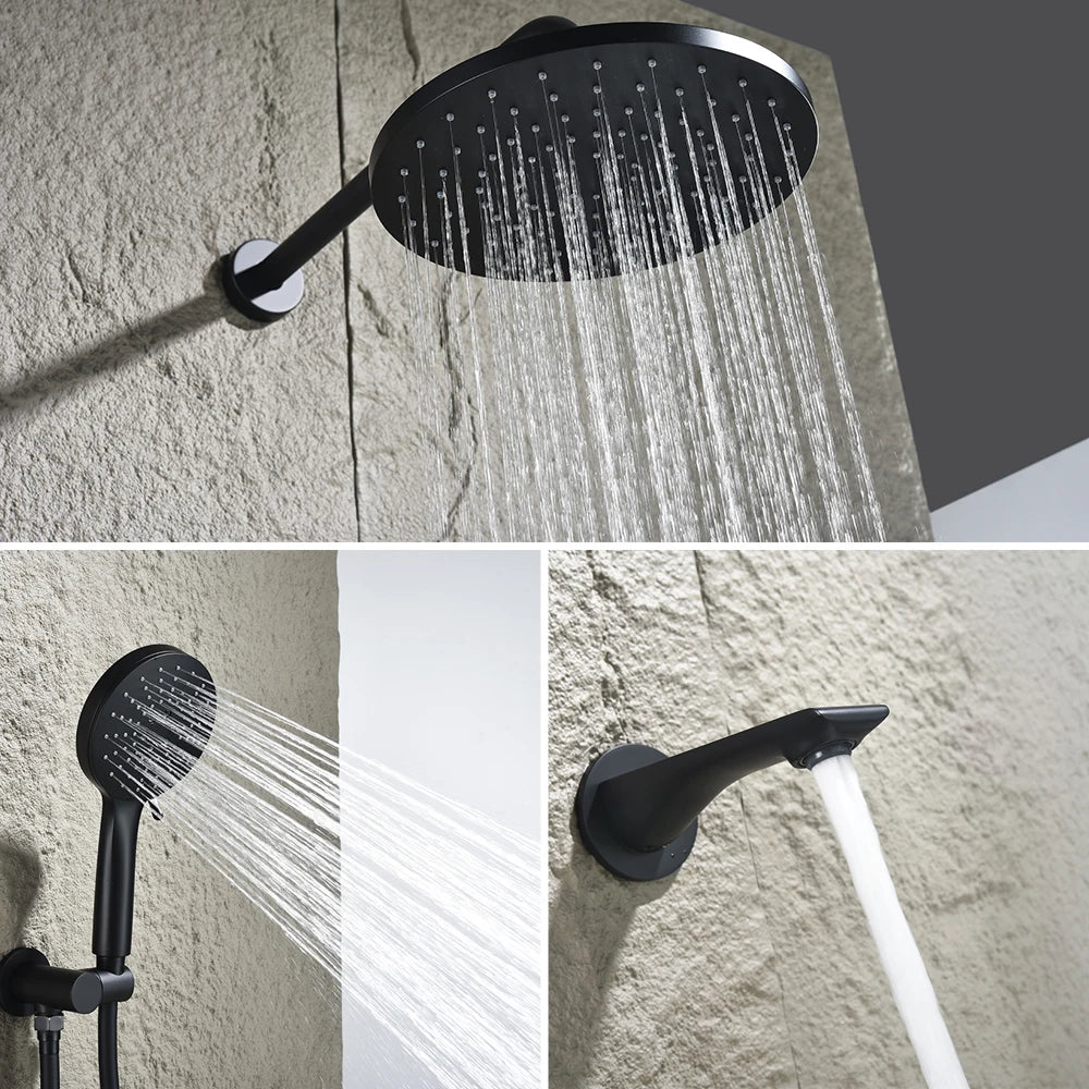 High End Matte Black Concealed Rain Shower System Modern Bathtub Thermostatic Shower Set 3 Modes Rainfall Bathroom Shower Faucet