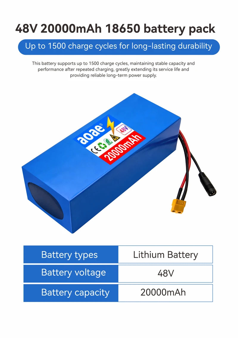 48V Electric Scooter Battery 13S5P 20Ah 18650 Grade-A Cells 2000W Built-in BMS XT60 JST High Capacity Long Range Safe & Durable