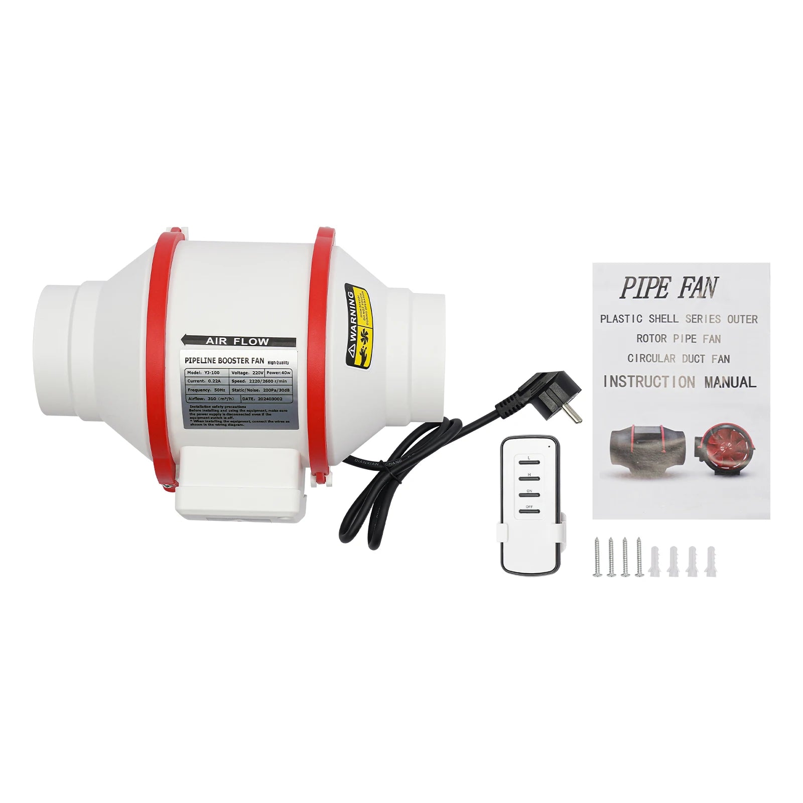 Duct Inline Ventilation Exhaust Fan with Remote Controller,310 m ³/h High Efficiency Air Fan Copper Motor