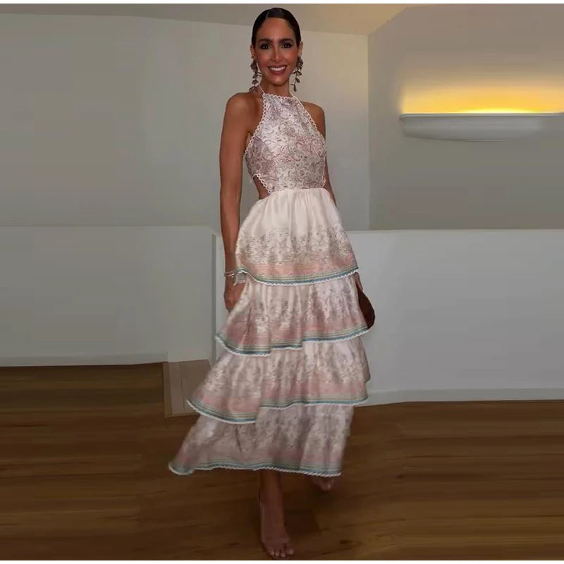Floral Print Halter Neck Tiered Ruffle Dress Waist Cinched V Neck 2026 Summer Causal Women Vacation Irregular Layered Vestido