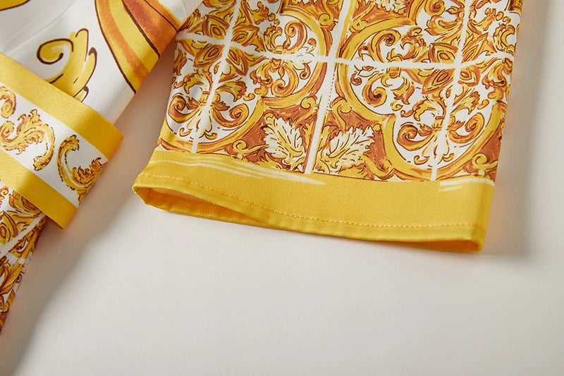 Summer Holiday Yellow Paisley Print Shirt Dresses Women's Turn Down Neck Short Sleeve Belt High Waist Beach Party Vestidos