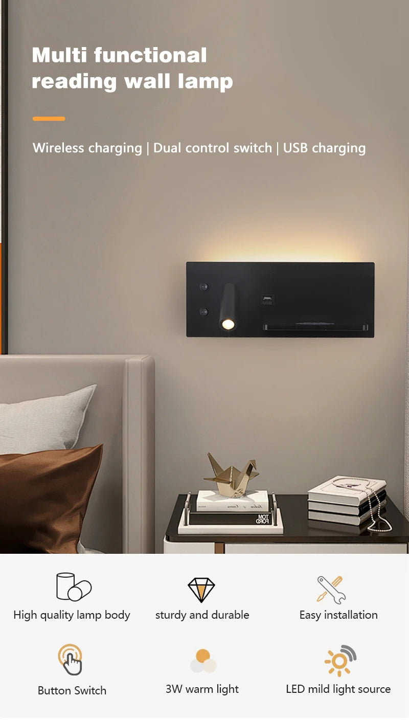 Modern LED Wall Lamp with Wireless Charger Simple Creative USB Interface Night Light Suitable for Living Room Bedroom Study