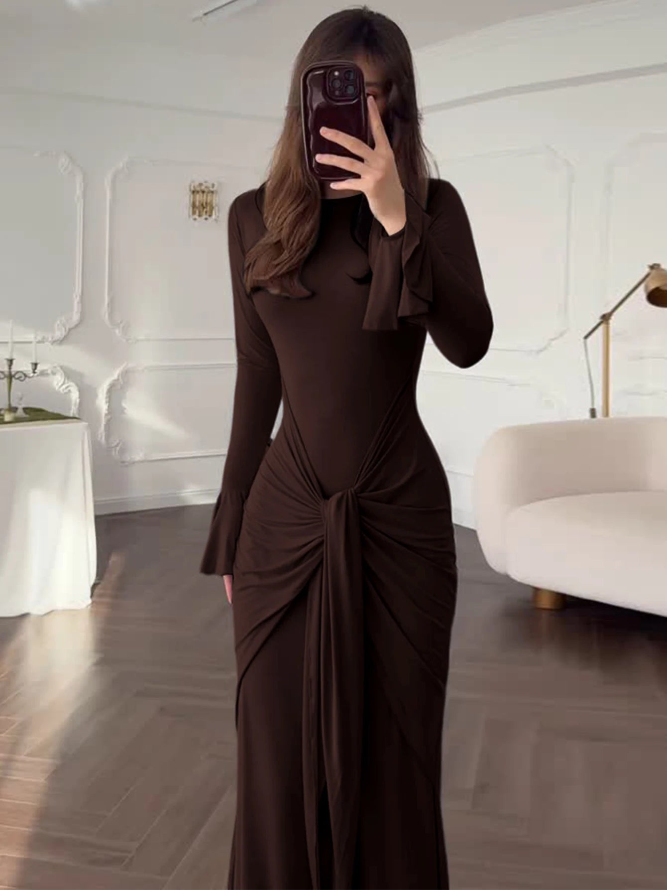 Dulzura O-Neck Long Flare Sleeve Ruched Lace Up Slim Long Dress Women'S Fashion Elegant Clothes Party Club Street Autumn Outfit
