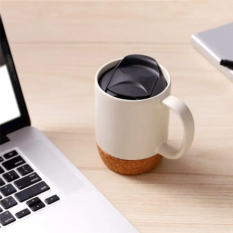 Simplicity Ceramic Cork Bottom Coffee Mug with Lid Splash Proof Heat-resistant Matte Plain White Black Cork Base Bottom Tea Cup