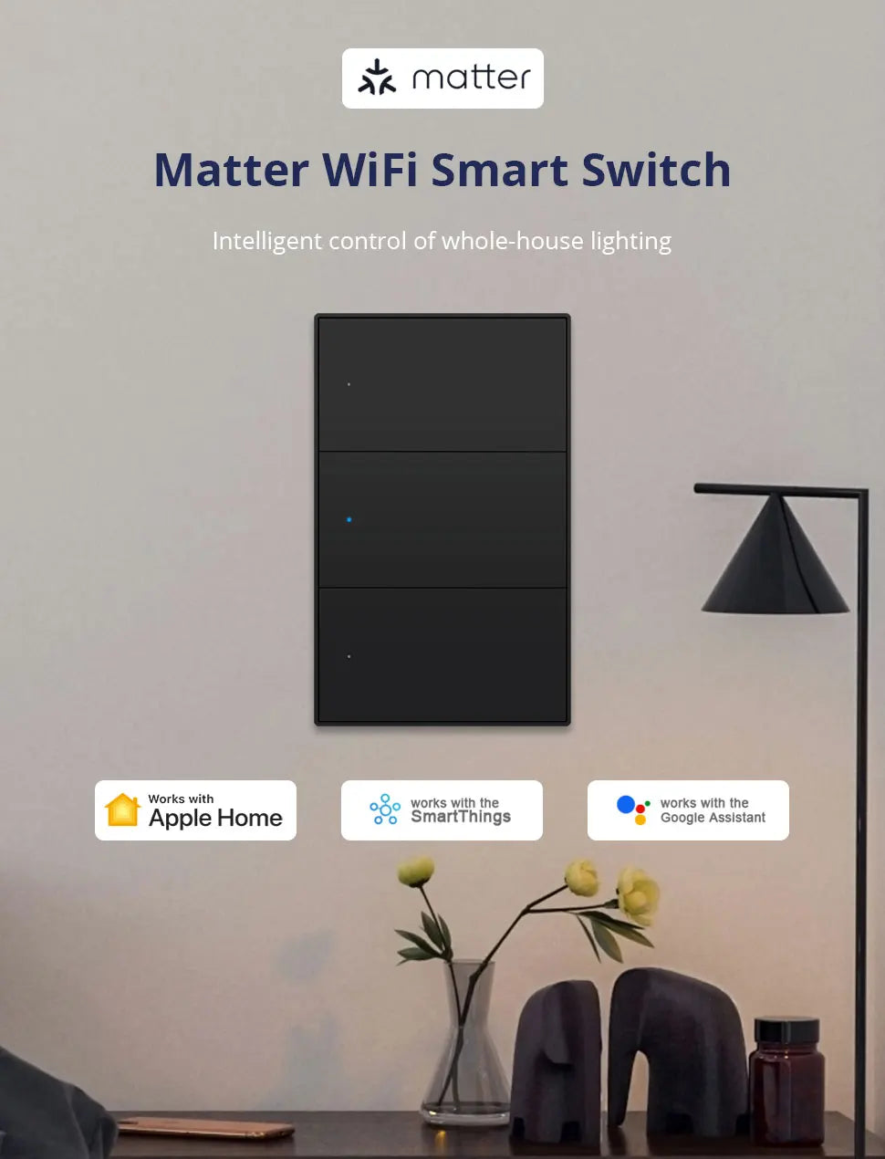 Matter Over WiFi US Smart Wall Light Switch 1 2 3 4 6 Gangs with Black Button Neutral Required Homekit SmartThings App Control