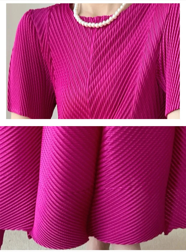 LANMREM High End Purple Pleated Women's Dress 2025 New Round Neck Short Sleeved Spliced Design Ball Gown Summer Dresses 2DB3489