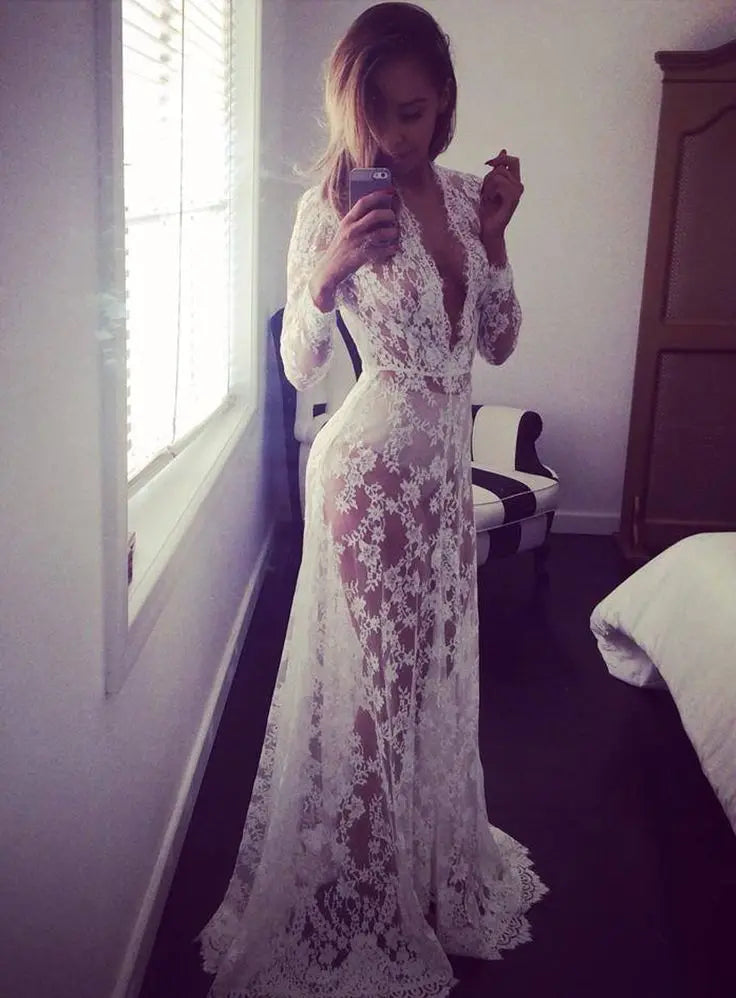 European Style Sexy Deep V Lace Mesh Long Sleeve Bodycon Maxi Dress Trailing Evening Party Dress