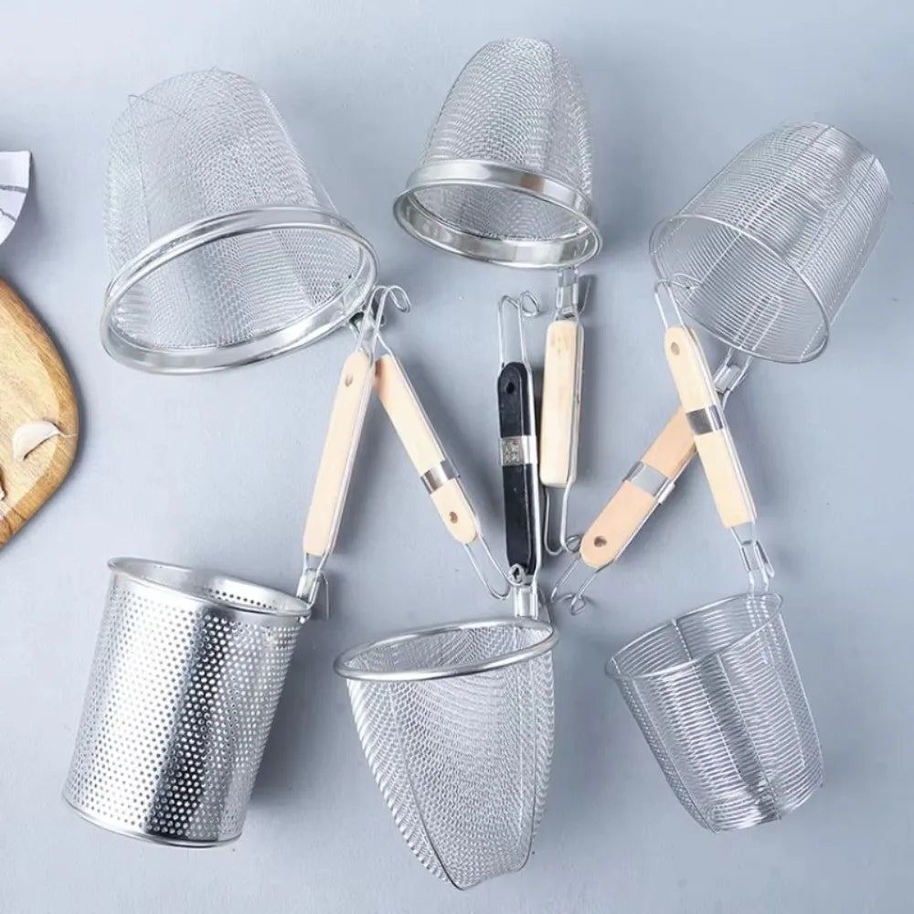 Durable Thickened Stainless Steel Funnel Wooden Handle Multifunctional Pasta Basket Strainer Kitchen Gadgets Deep Fry Basket