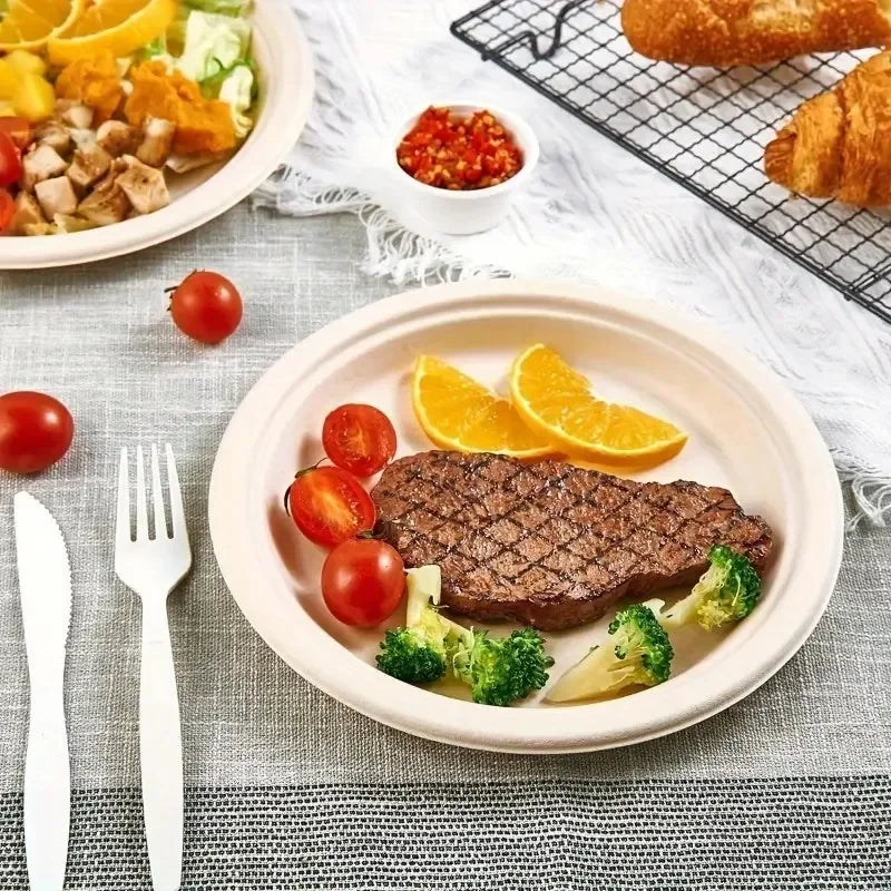 50PCS Circular Paper Plates Are Suitable for Disposable Kitchen Dishes in Restaurants Such As Barbecue Pasta Salad Desserts