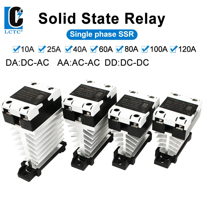 SSR Solid State Relay 24-480VAC Heat Sink Single Phase DIN Rail Mounted 10A 25A 40A 60A 80A 100A 120A DA AA DD Zero Crossing