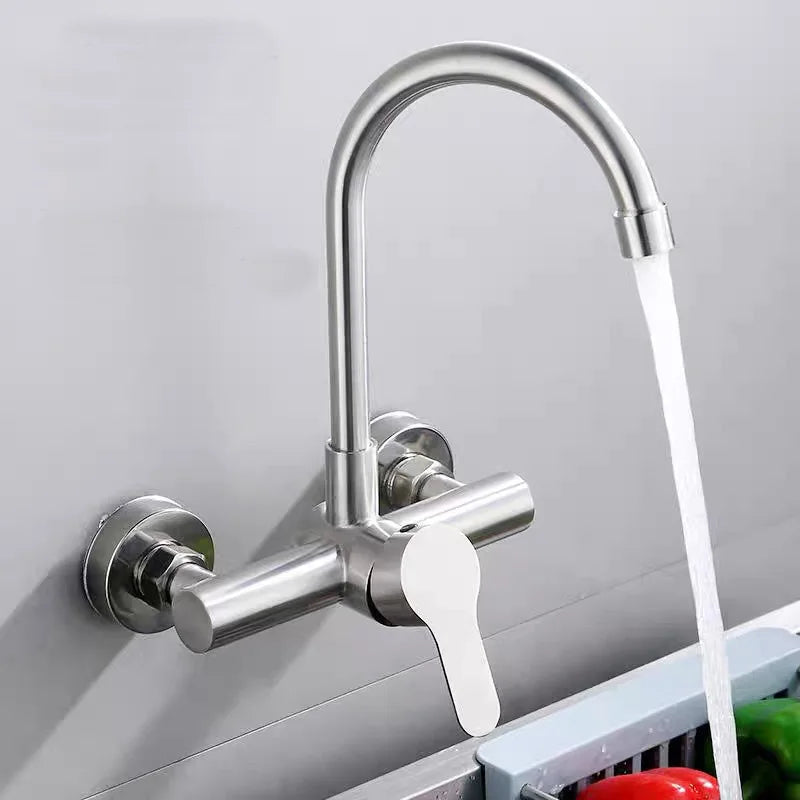 Wall Mount Kitchen Sink Faucet 304 Stainless Steel 2 Modes Hot and Cold Mixer Taps Double Hole Rotating Kitchen Faucets Brushed