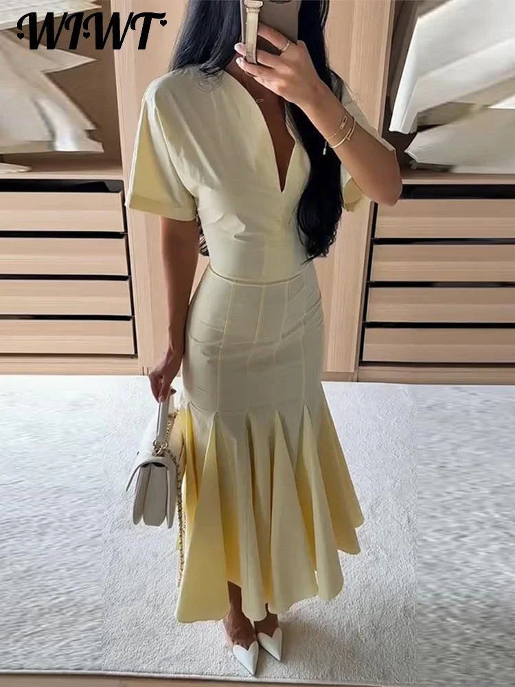 Elegant Pleated Waist-cinching Long Dress Women's Sexy V-neck Short Sleeve Bodycon Dresses 2026 Summer New Lady Solid Robes