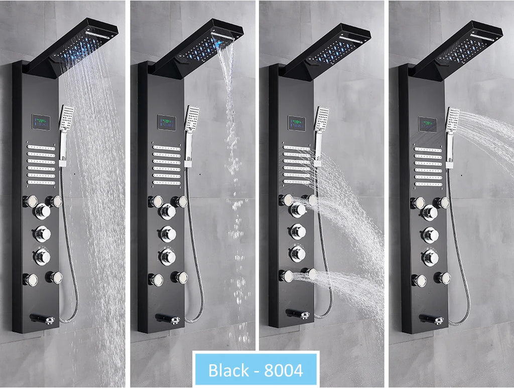 LED Shower Panel Tower System Rain Waterfall Shower Column Hydroelectricity LCD Display With Massage Body Spa Bath Shower Faucet