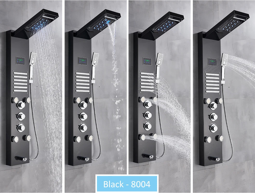 LED Shower Panel Tower System Rain Waterfall Shower Column Hydroelectricity LCD Display With Massage Body Spa Bath Shower Faucet